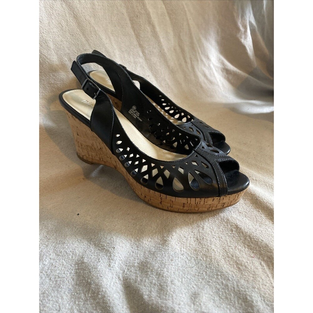 Nicole Black Leather Cork wedges 9M